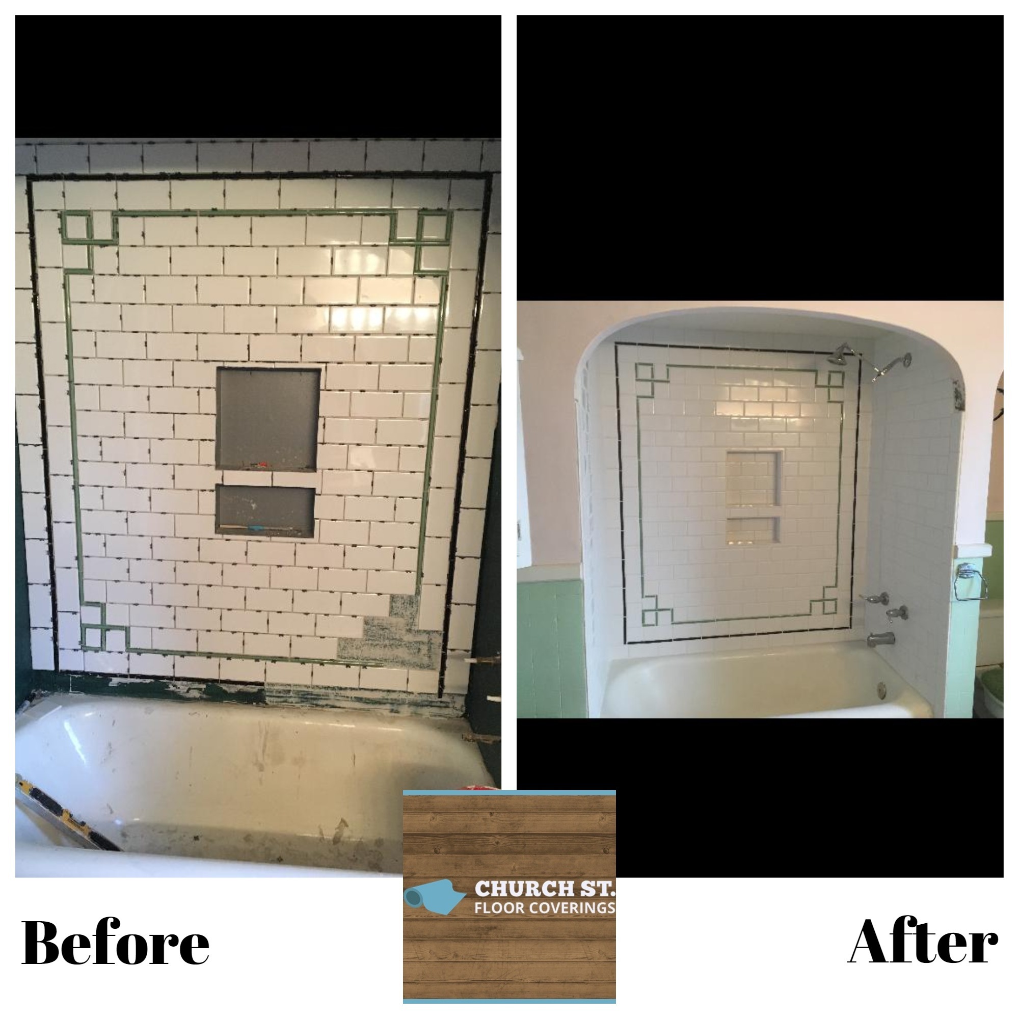 Tub wall tile: before and After Church Street Floor Coverings Newark (740)345-5905