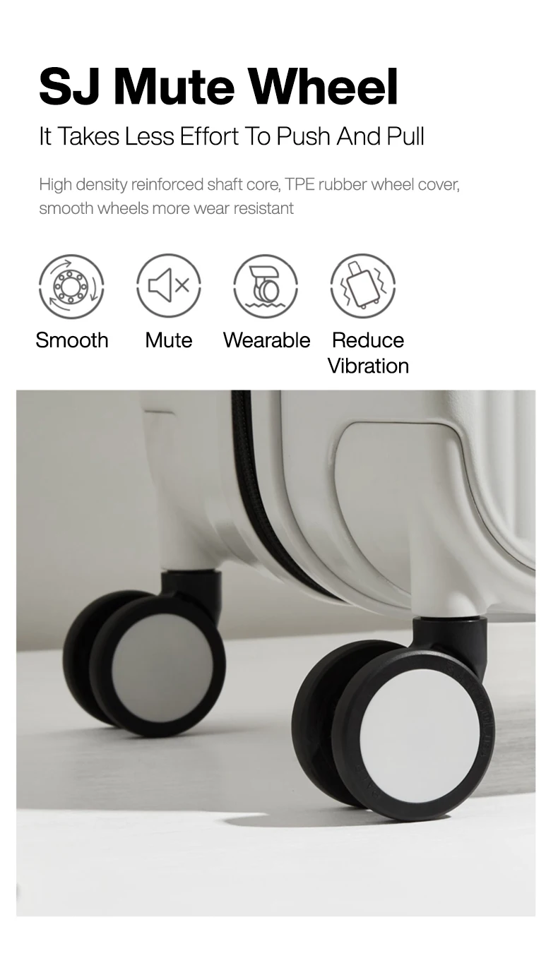 A close-up shot highlights the "SJ Mute Wheel" with four circular icons and text labels below, illustrating its features: Smooth, Mute, Wearable, and Reduce Vibration. The bottom of the image showcases the actual product wheels, two black wheels with white centers, attached to a white suitcase.