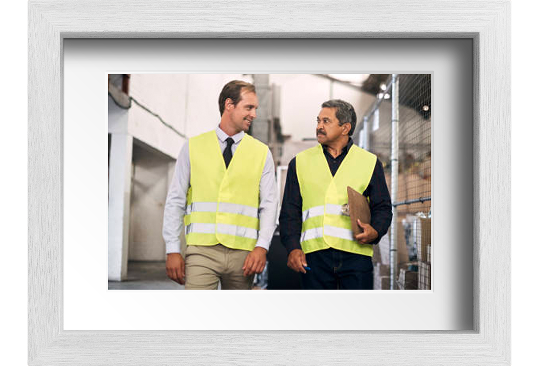 A photo of JR and Dave walking in a warehouse.