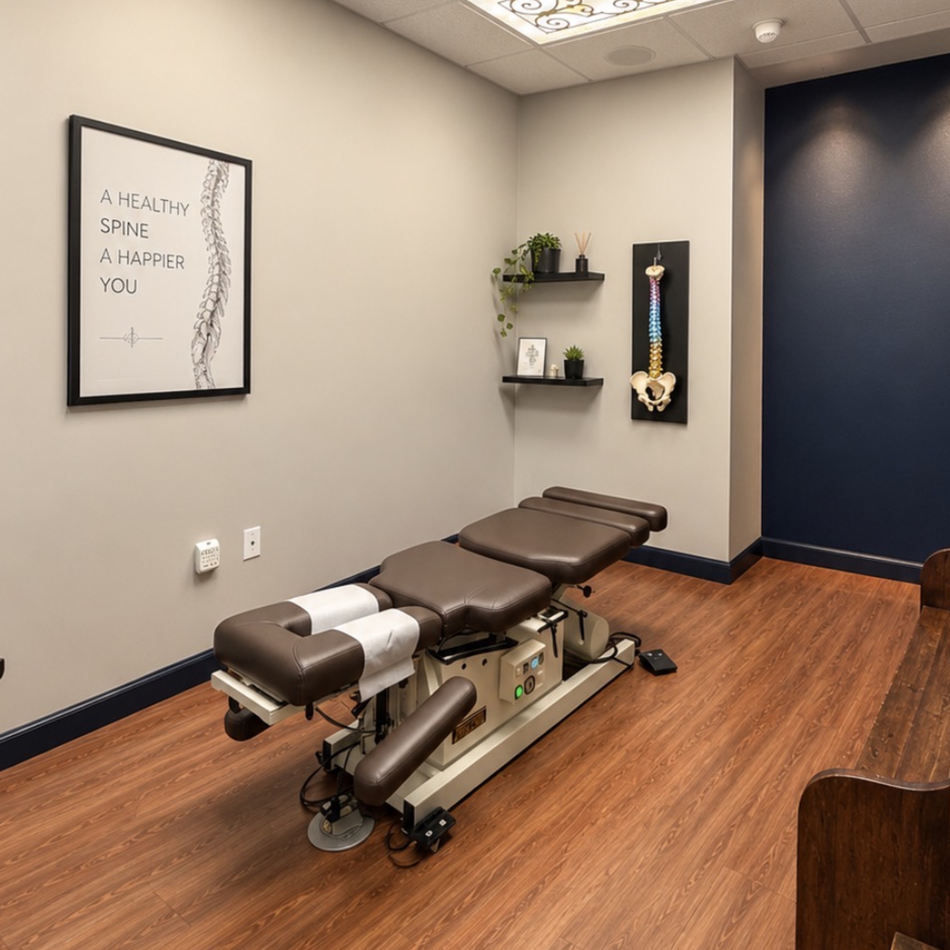 A calm, modern adjustment room designed to help you feel relaxed from the moment you walk in. 