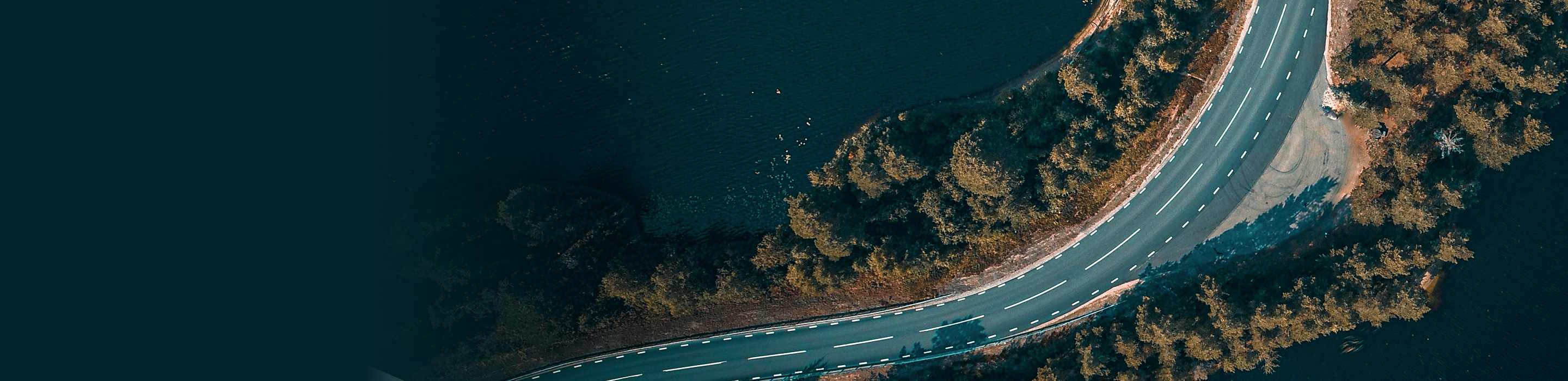 Top-down, aerial view of road on a peninsula.