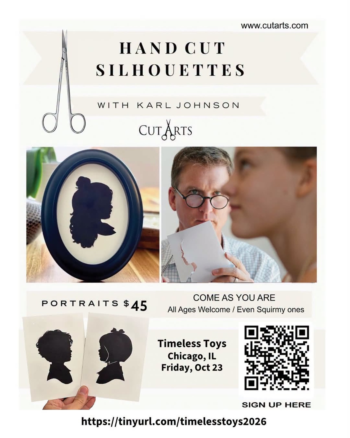 Visit silhouette artist Karl Johnson at Timeless Toys in Chicago on October 23, 10 AM-5:30 PM. Hand- 