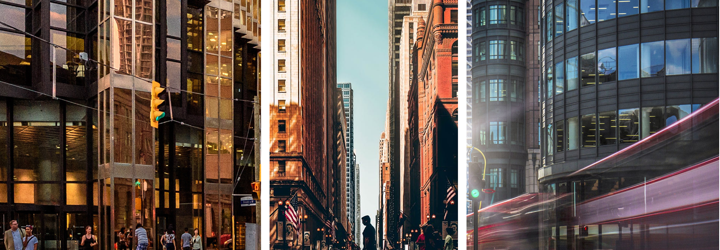 Collage of busy downtown areas with buildings.