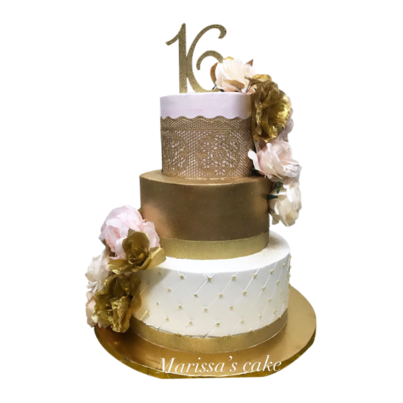 The House of Marissa's Cake - 3 tier sweet 16 cake in fold and white