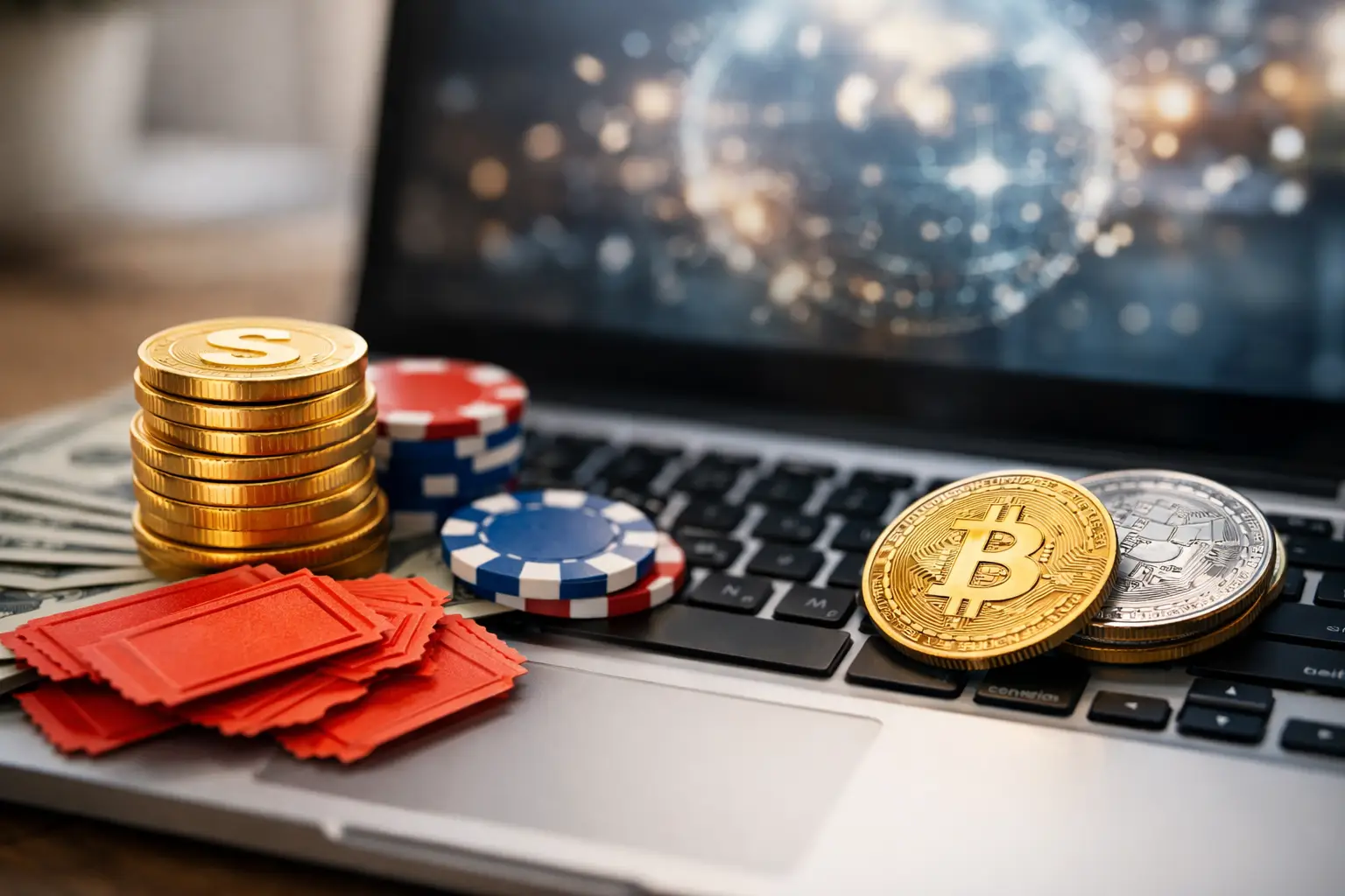 A close-up shot of a laptop keyboard adorned with various items associated with gambling and cryptocurrency. In the foreground, there are stacks of poker chips in red and blue, a pile of red tickets, and a stack of gold coins with a dollar sign. To the right, two cryptocurrency coins, one gold and one silver, are prominently displayed. Behind these items, the laptop screen is visible, displaying a blurred image of a digital globe with bokeh lights, suggesting a global or online context.