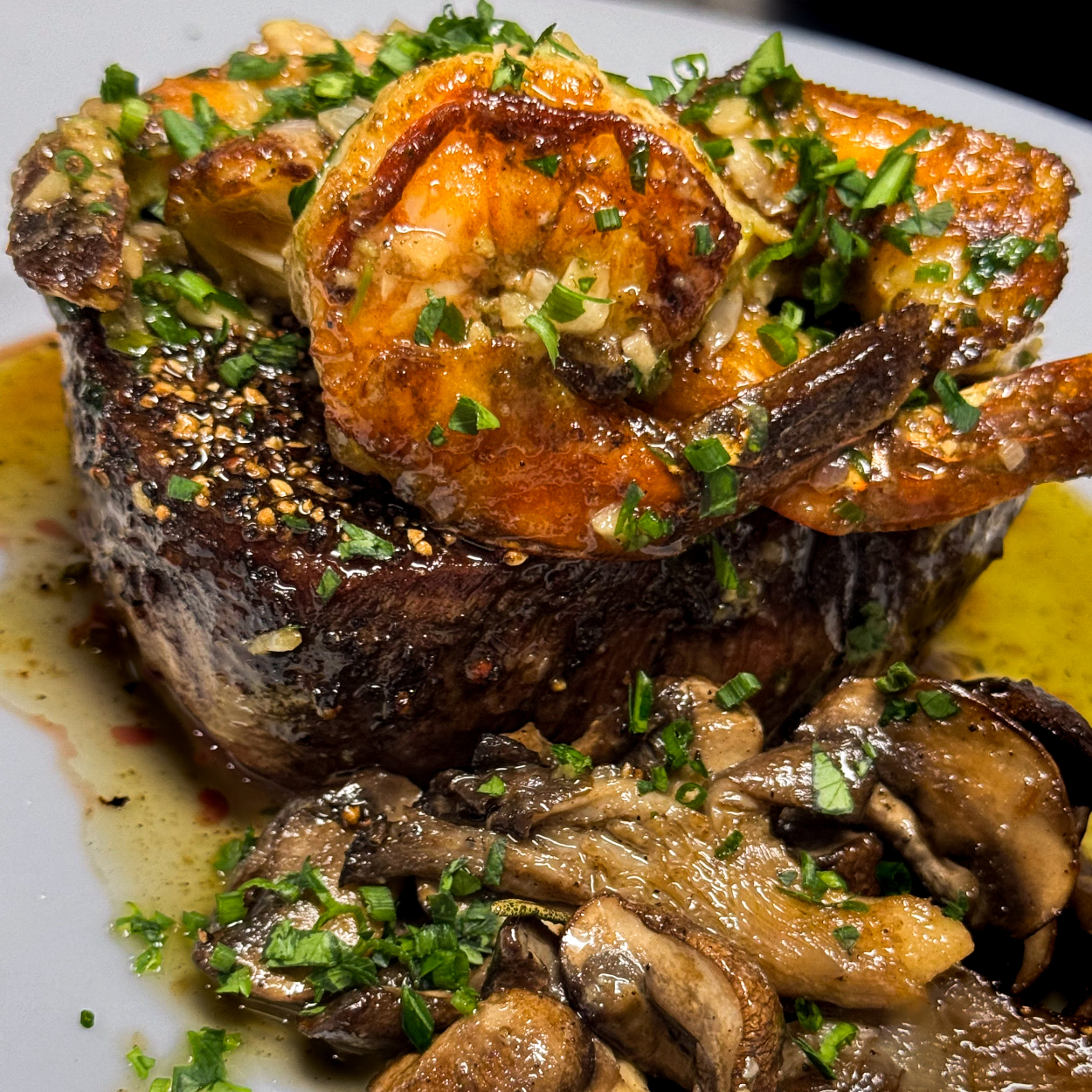 Steak and Shrimp Special with Roasted Mushrooms