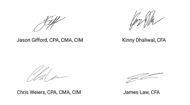 Jason Gifford, Kinny Dhaliwal, Chris Weiers, and James Law's signatures.