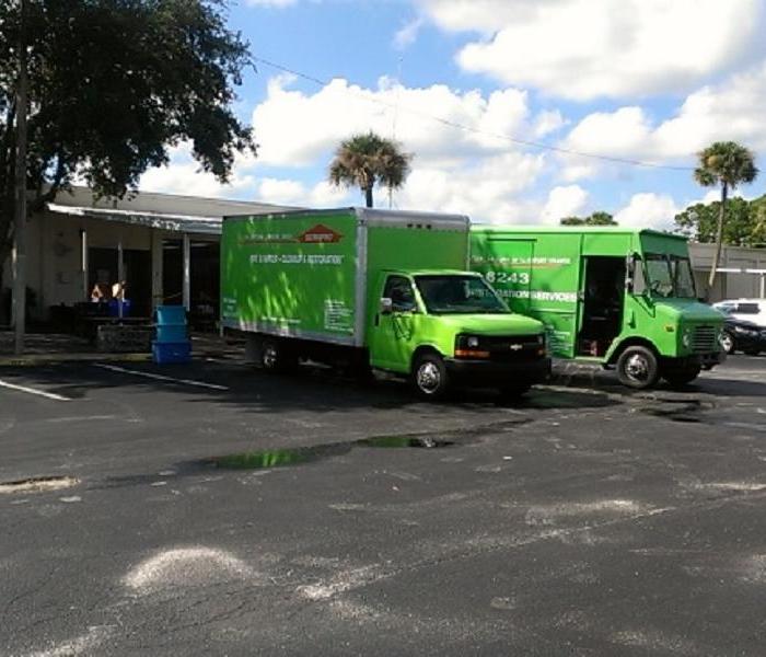 Our trucks on a commercial water damage call, this is a manufacturing facility in Daytona Beach that had flooding over the weekend, SERVPRO of South Daytona/Port Orange was called in because we are the Water, Fire and Mold cleanup experts. SERVPRO of South Daytona/Port Orange is available 24 hrs a day 7 days a week as a result of our expert drying services the facility remained open with minor repairs.