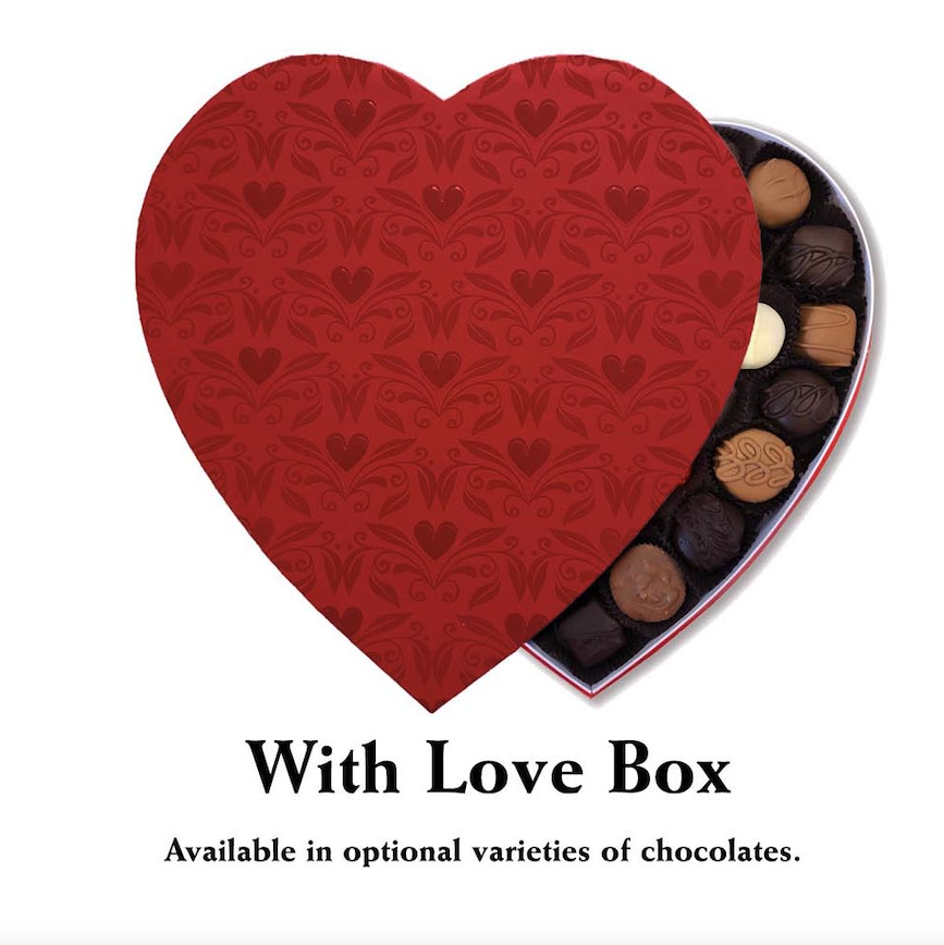 A Valentine's Day-themed table featuring Florence's Exquisite Chocolates in Rexburg, Idaho. The centerpiece is a beautifully packaged heart-shaped box containing 24 pieces of assorted chocolates, tied with an elegant red ribbon. The box is partially open to reveal a variety of chocolates, including Milk Chocolate, Dark Chocolate, Milk and Dark Chocolate, and assortments like Assorted Chocolates or Nuts and Caramels. The table is adorned with romantic touches such as heart-themed plates, decorative candy bowls, red roses, and festive napkins. Assorted chocolate truffles and candies are artfully arranged around the centerpiece. This warm and inviting setup highlights Florence's chocolates as the perfect gift for Valentine’s Day.