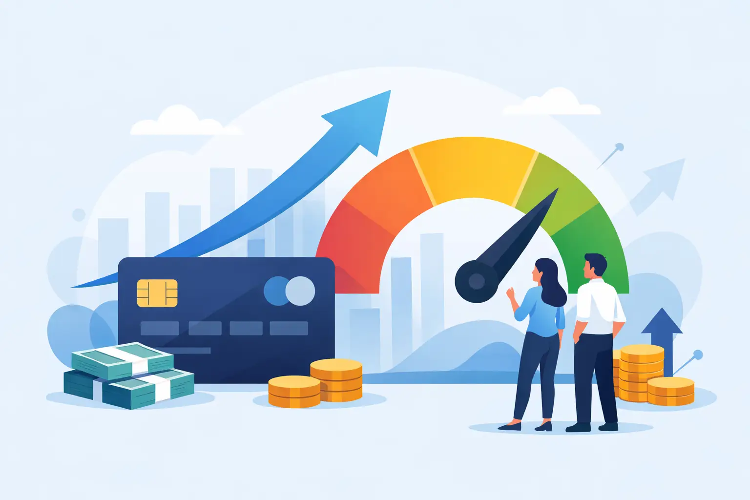 An illustration depicting credit score improvement, featuring a credit card, stacks of money, coins, a credit score gauge with a needle pointing to green (good), and two people observing it, with a rising blue arrow graph in the background symbolizing growth.