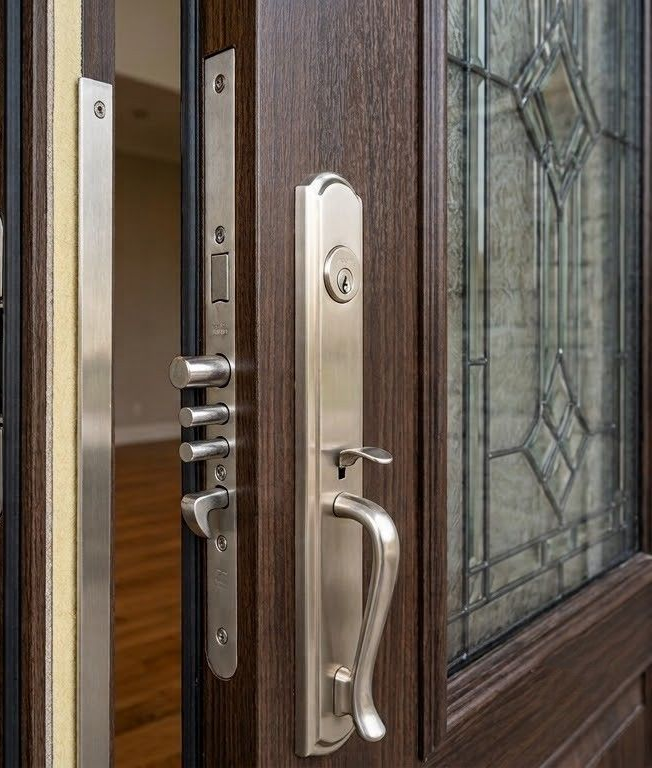 Commercial hallway with durable double doors, panic exit hardware, narrow safety windows, polished flooring, concrete walls, and bright overhead lighting designed for secure building access and daily use and visitors.