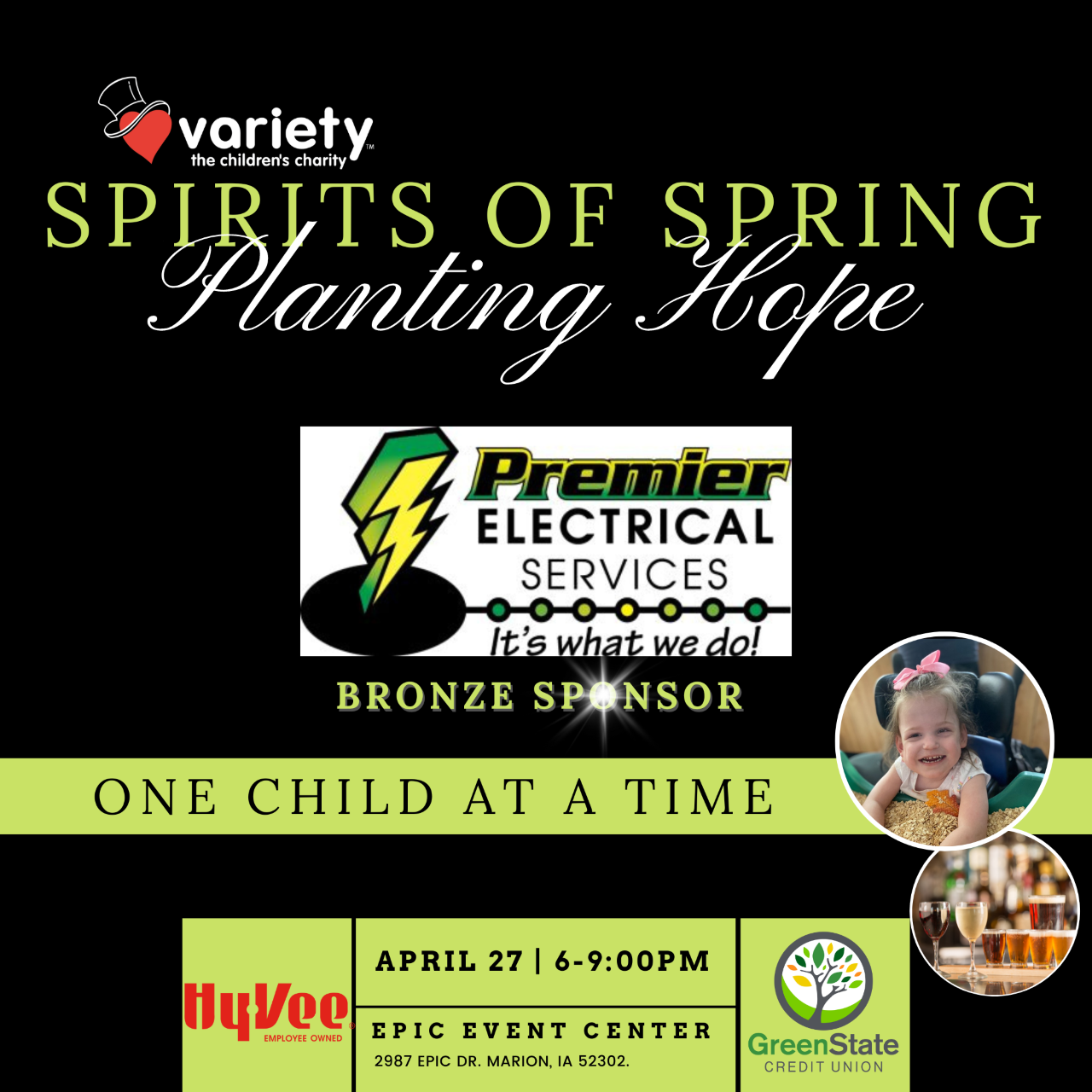 Spirits of Spring. Planting Hope. One Child at a Time. Cedar Rapids, IA, April 2023. Premier Electrical Services Co proud to be a community sponsor to help improve where we live and work.