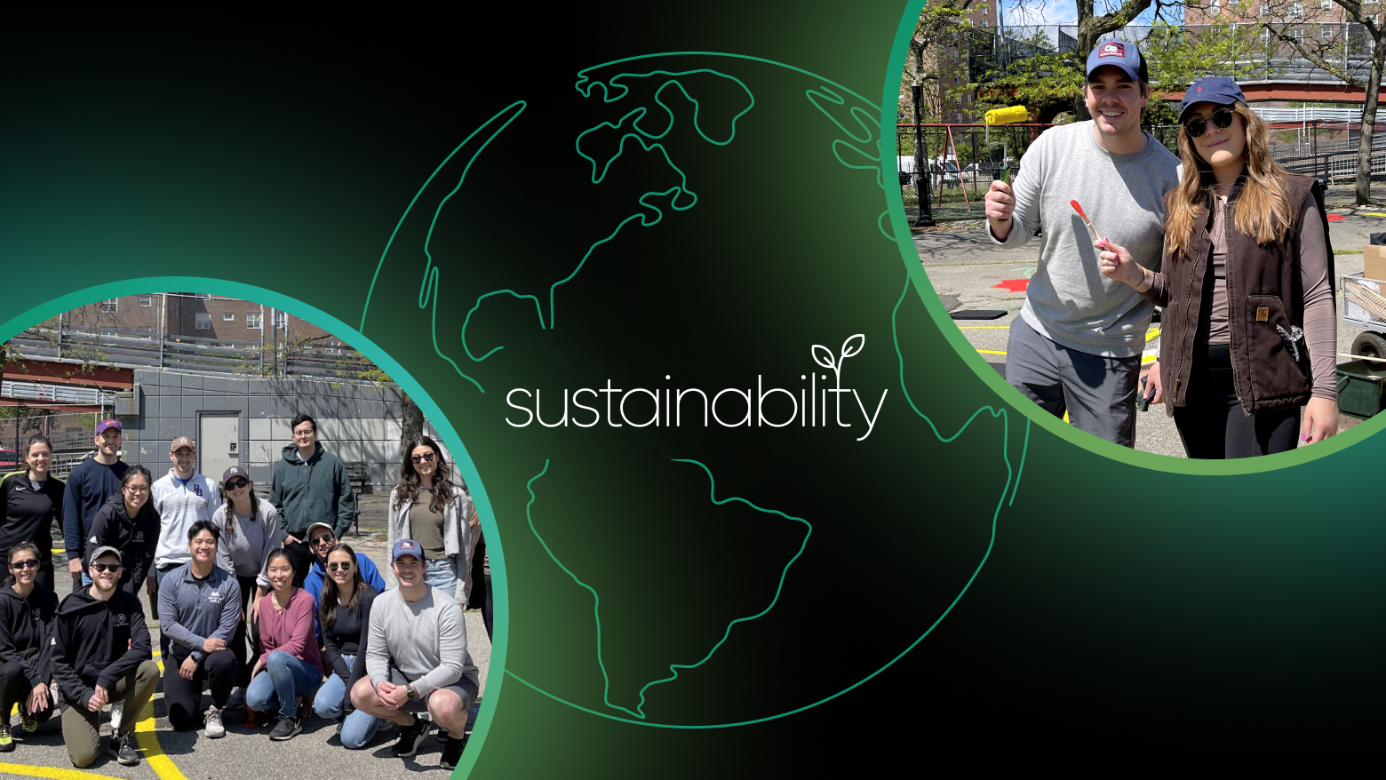 Black background with green globe with "sustainability" in text. Includes photos of Yext employees at Sustainability ERG functions.