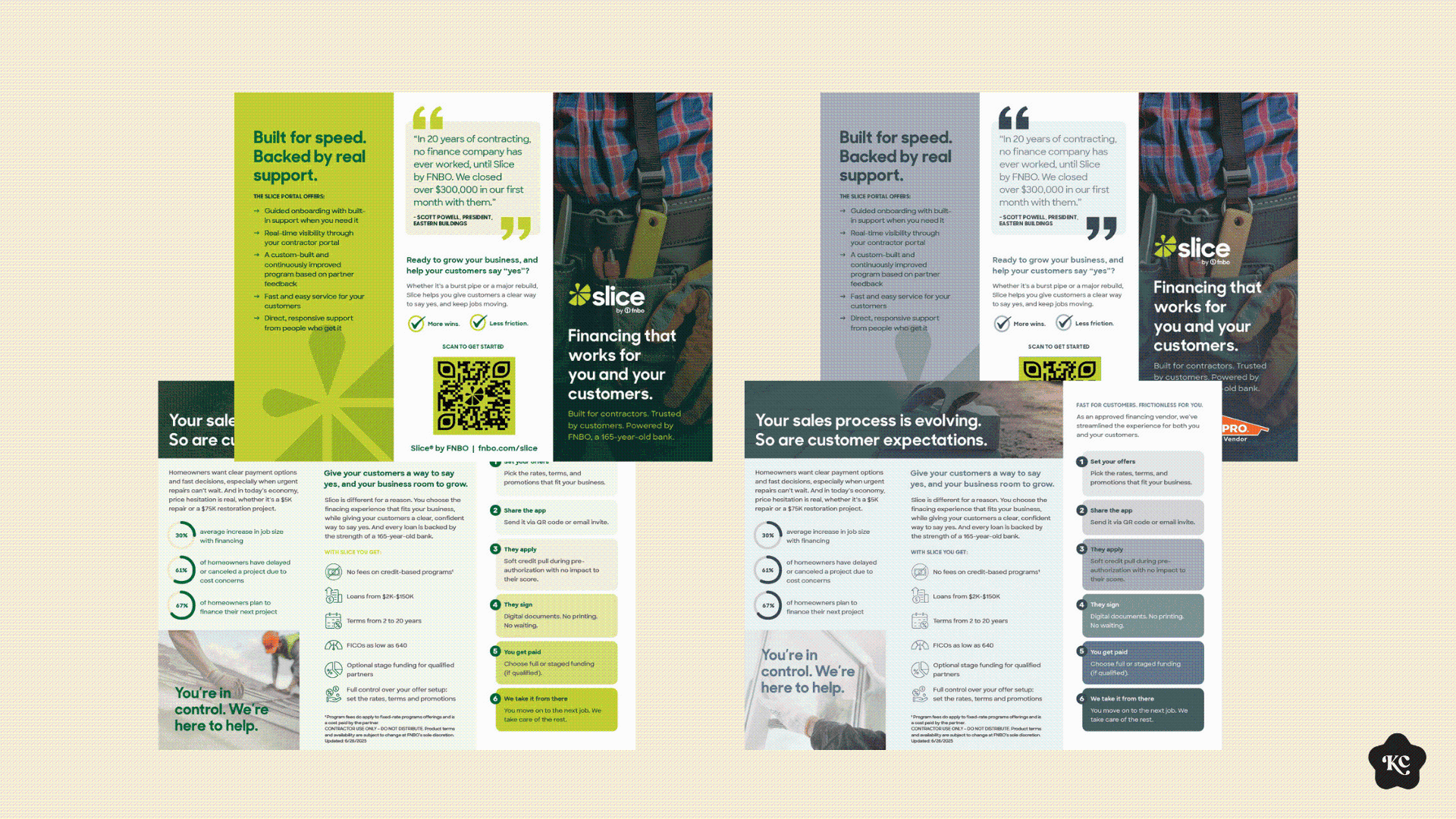 Slice by FNBO Branded Tri-fold brochures in branded green and branded grey color palettes 