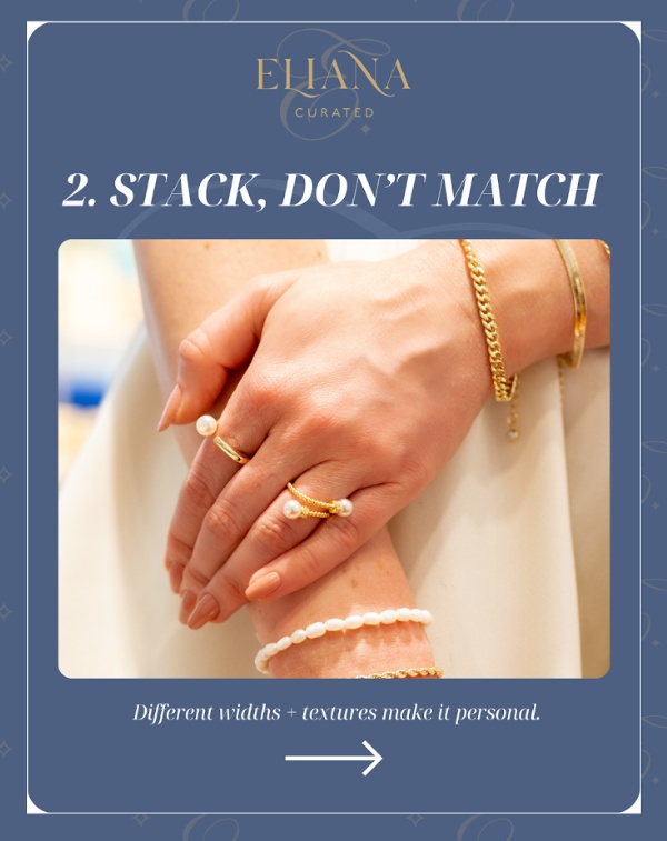Close-up of stacked gold rings and bracelets featuring pearls, different widths, and textures to create a personal jewelry look.