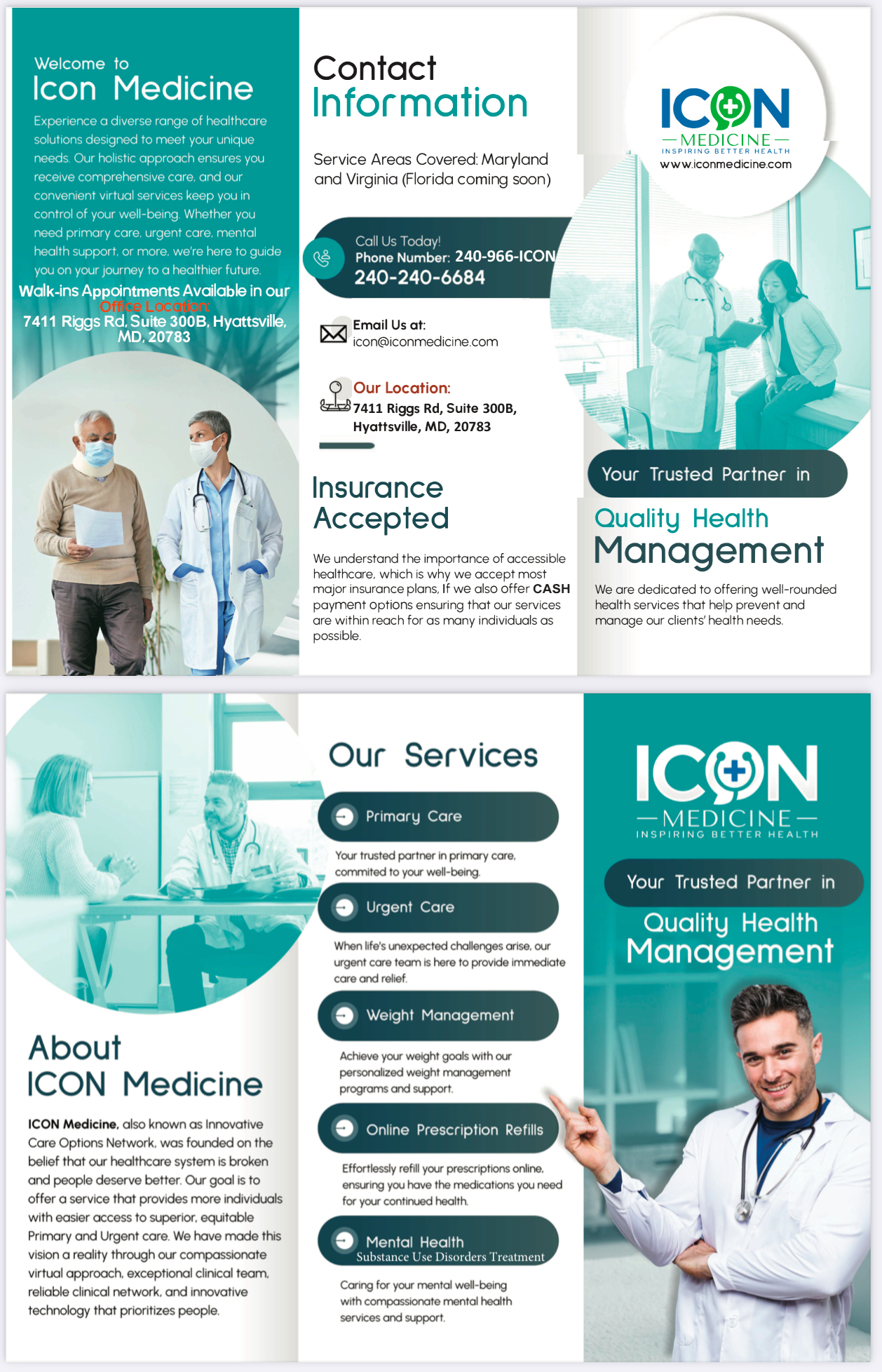 A tri-fold brochure for ICON Medicine, a healthcare provider. The brochure highlights their services, contact information, and location. It features images of medical professionals interacting with patients and describes their commitment to quality health management.