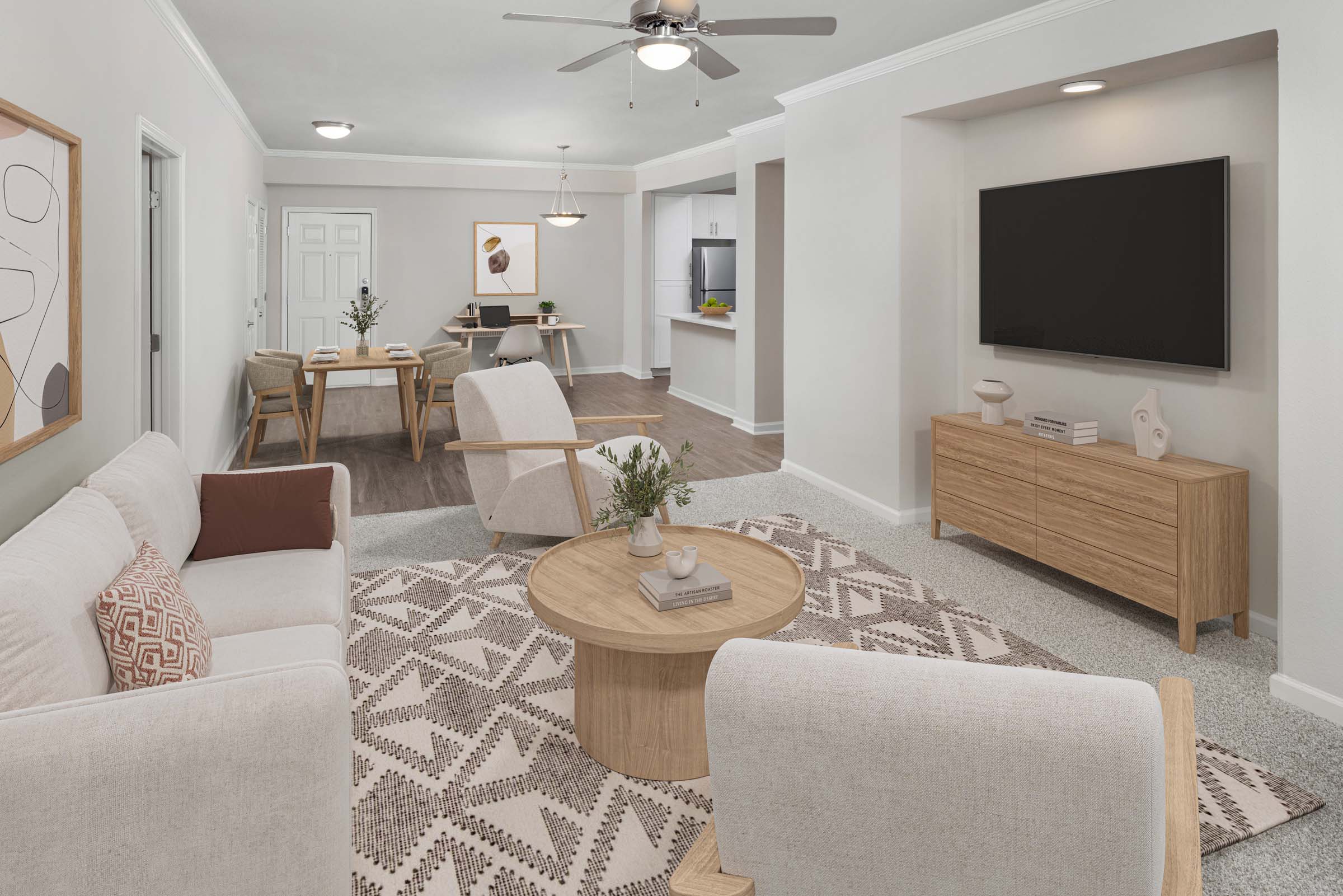 Modern style open concept living and dining room at Camden Phipps apartments in Atlanta, GA