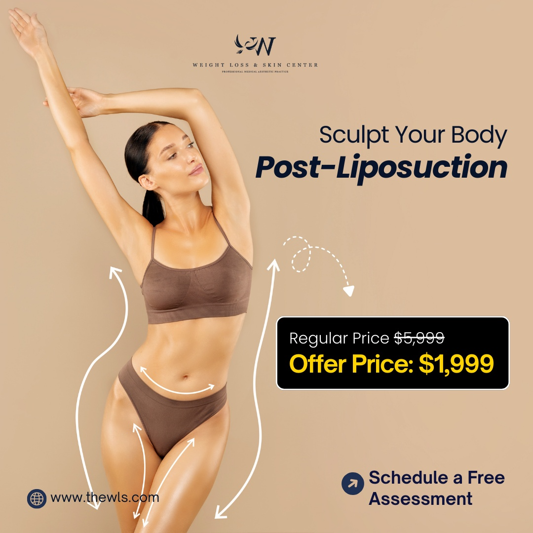 This promotional image highlights post-liposuction body sculpting services offered by The Weight Loss & Skin Center. It features a toned female figure illustrating targeted body contouring areas such as the waist, hips, thighs, and abdomen. The graphic emphasizes non-invasive body sculpting treatments designed to enhance surgical results, reduce swelling, and improve skin firmness after liposuction. This service supports optimal body shaping outcomes under professional medical supervision in Alexandria, Virginia.