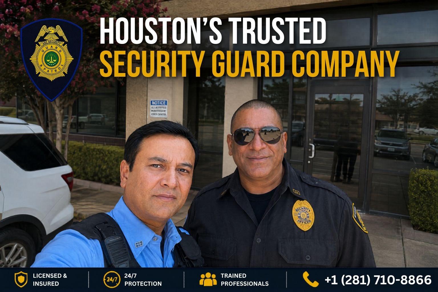 ANZ Security officer beside a marked patrol vehicle for armed security guard services in Houston, TX 