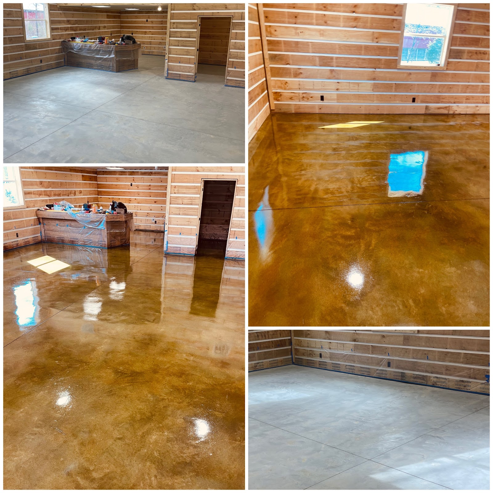 The image displays a comparison between an unfinished concrete floor and a finished stained concrete floor in a room with wood-paneled walls. The unfinished floor is a uniform gray, while the finished floor has a rich, marbled brown and amber hue, reflecting light and the blue sky from the windows. In the top left and bottom left images, the room appears to be under construction or renovation, with a counter covered in plastic wrap and various tools and supplies. The other images showcase the dramatic transformation of the concrete floor after staining and sealing, highlighting its glossy, reflective surface and the depth of color.