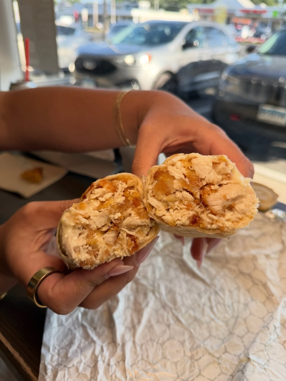 Chicken nuggets, potato cones, american cheese & honey mustard all wrapped up.