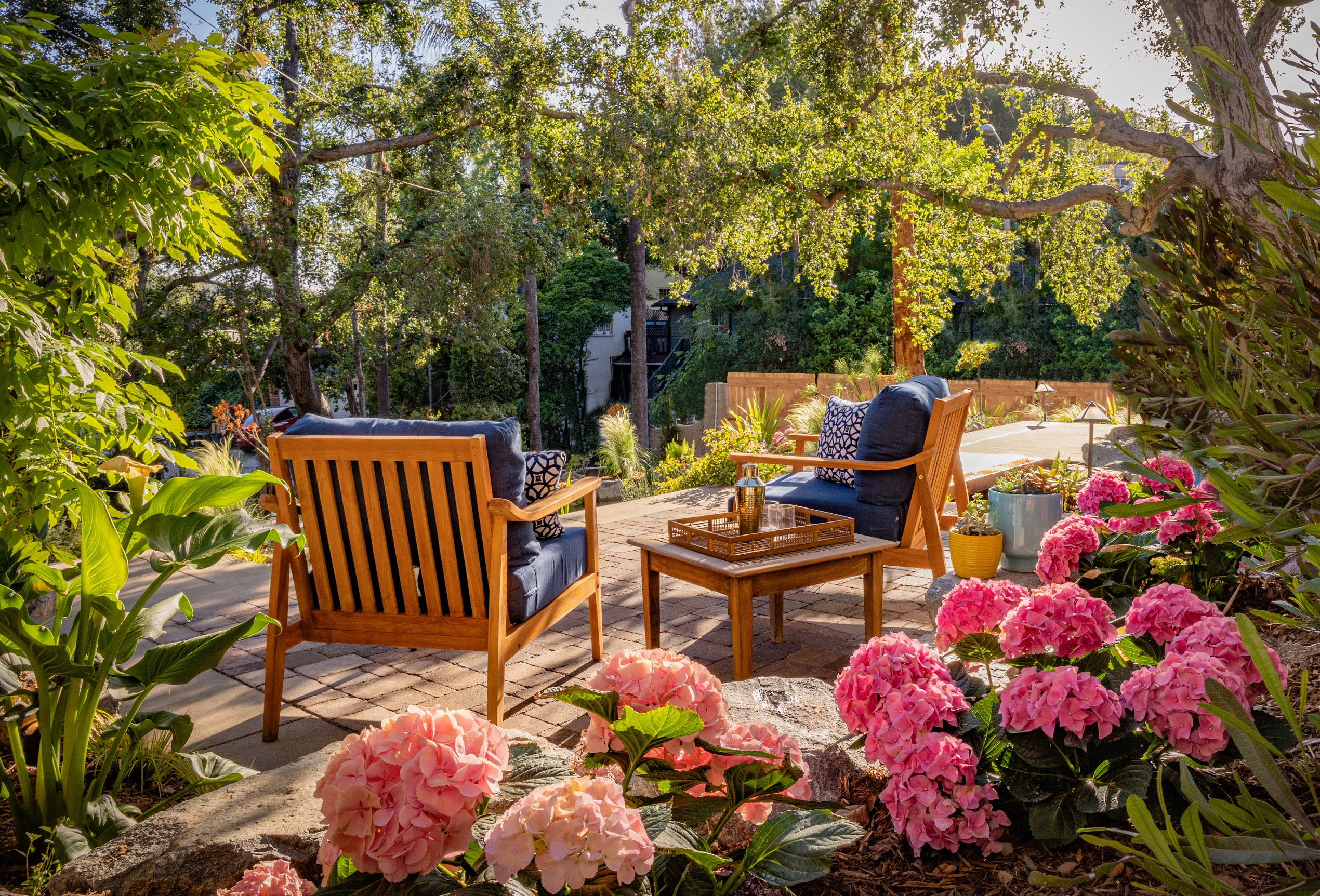 Sunlit garden patio with two wooden chairs, a coffee table, lush greenery, and vibrant pink hydrangeas creating a peaceful retreat.