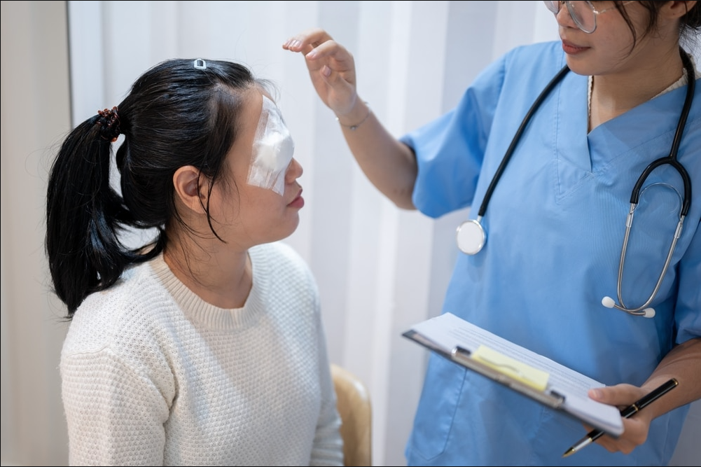 Female patient with patch over right eye meeting with doctor