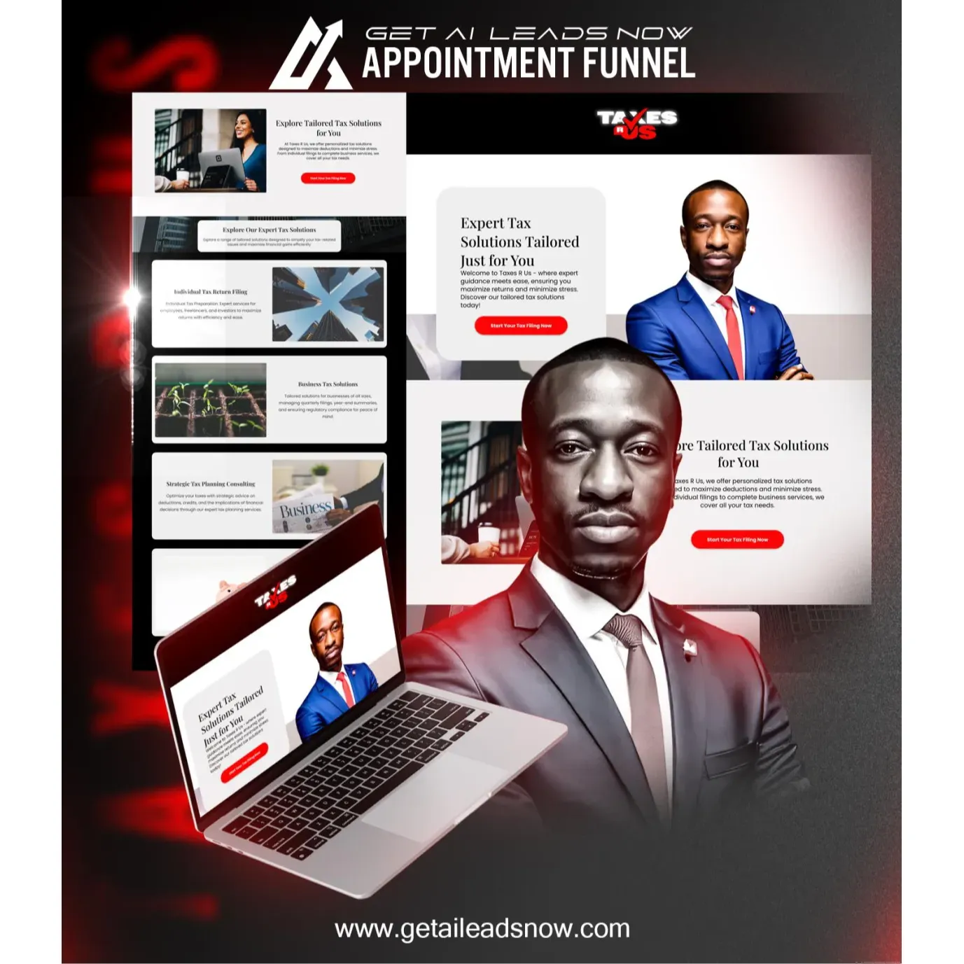 Taxes R Us Appointment Funnel:
Tailored for tax professionals, this sharp and sophisticated appointment funnel showcases tax services with clarity and trust. Featuring multiple service offerings and automated lead qualification, it simplifies client intake and boosts conversions during tax season.