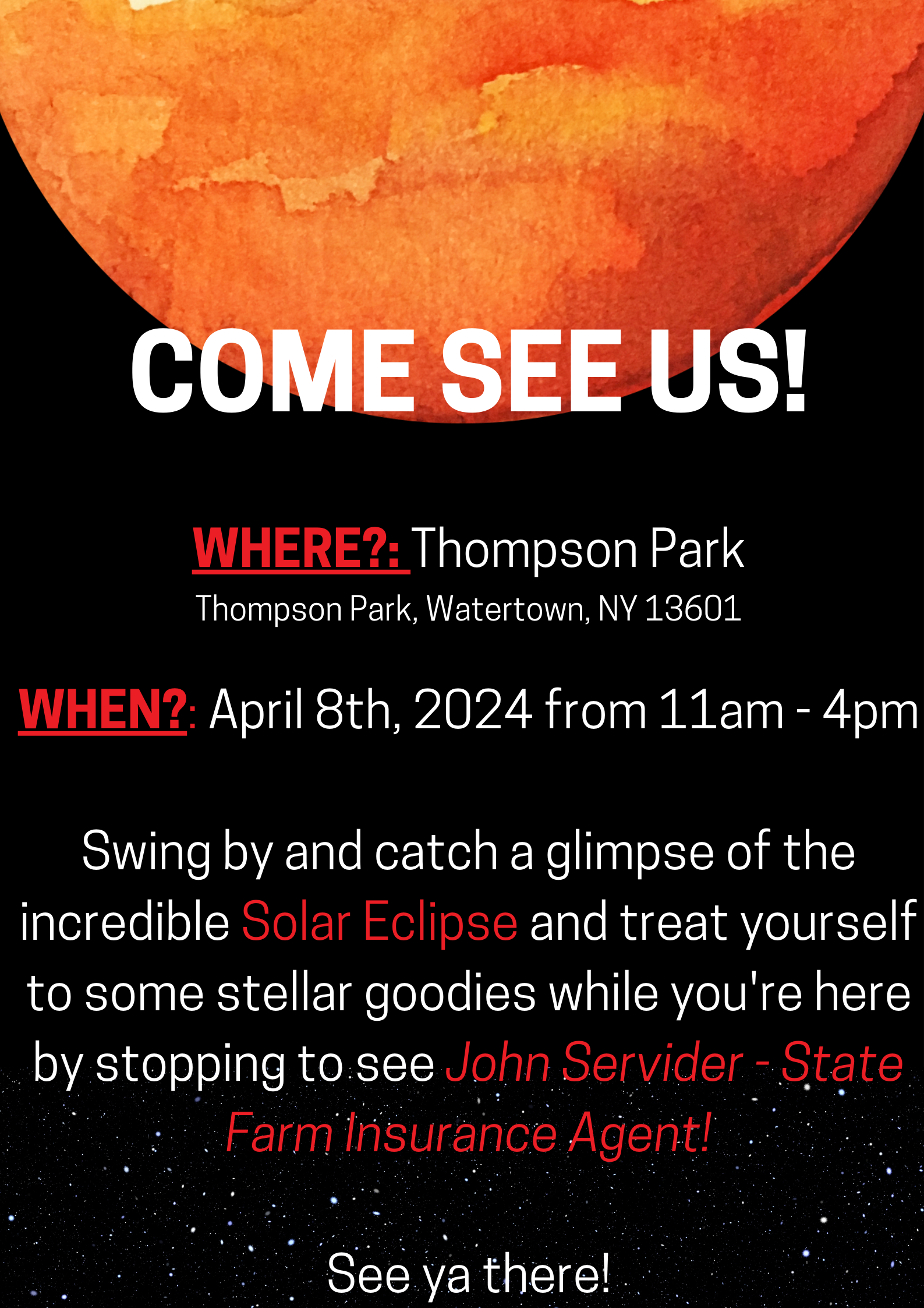 Stop by and see us at Thompson Park for the Solar Eclipse!!