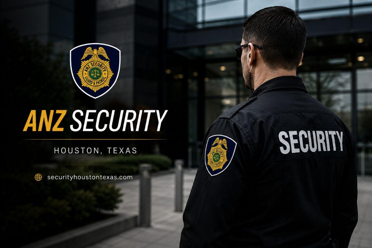 Uniformed ANZ Security guard on foot patrol, monitoring a Houston property for safety and security r 