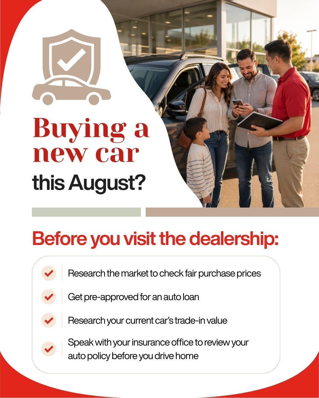 Thinking about buying a new car this month? Before heading to the dealership, research pricing, explore financing options, and review your current auto insurance. Are you shopping for a new vehicle this year?