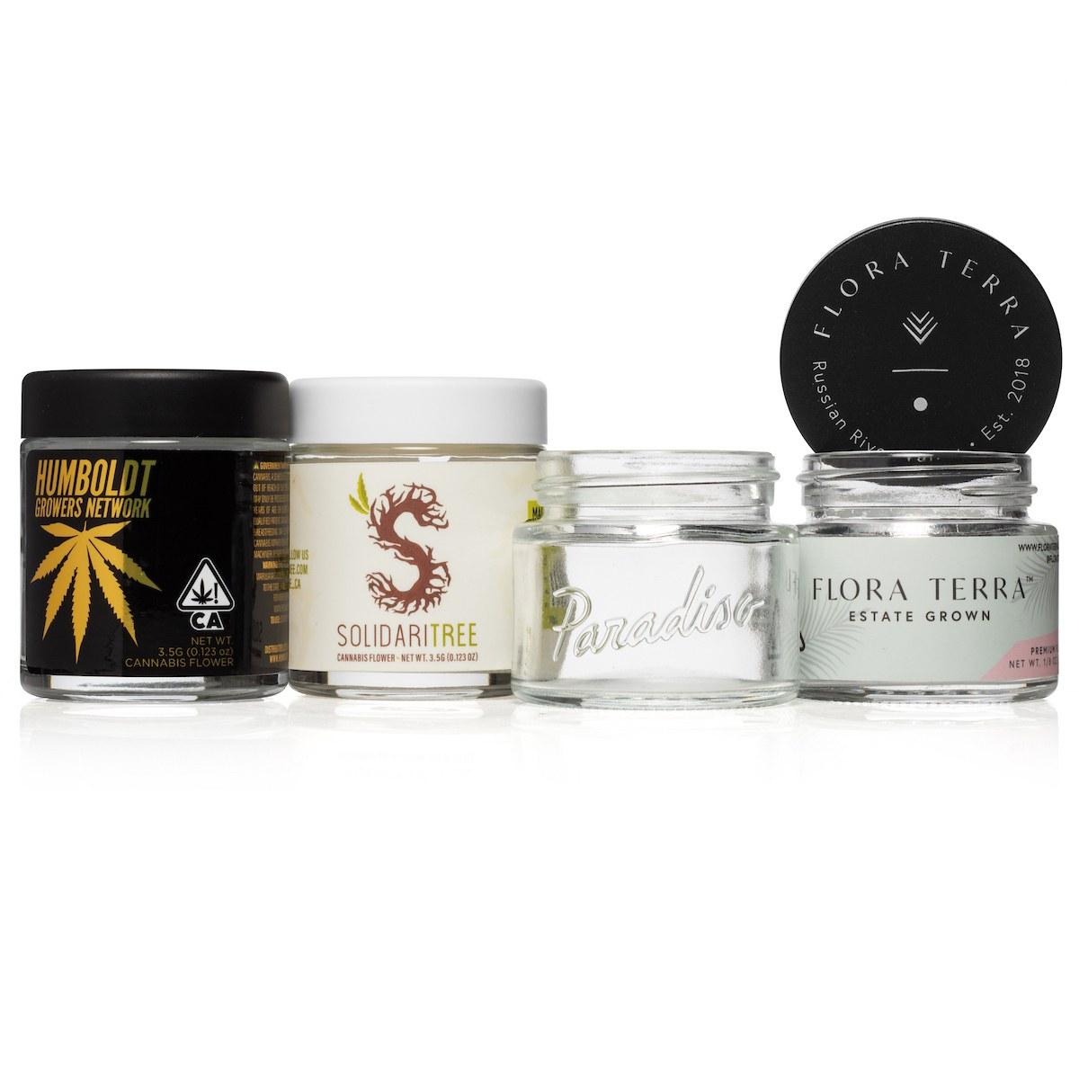 Child-resistant jars for Humboldt, Solidaritree, Paradiso and Flora Terra. Custom packaging by PLC Print.
