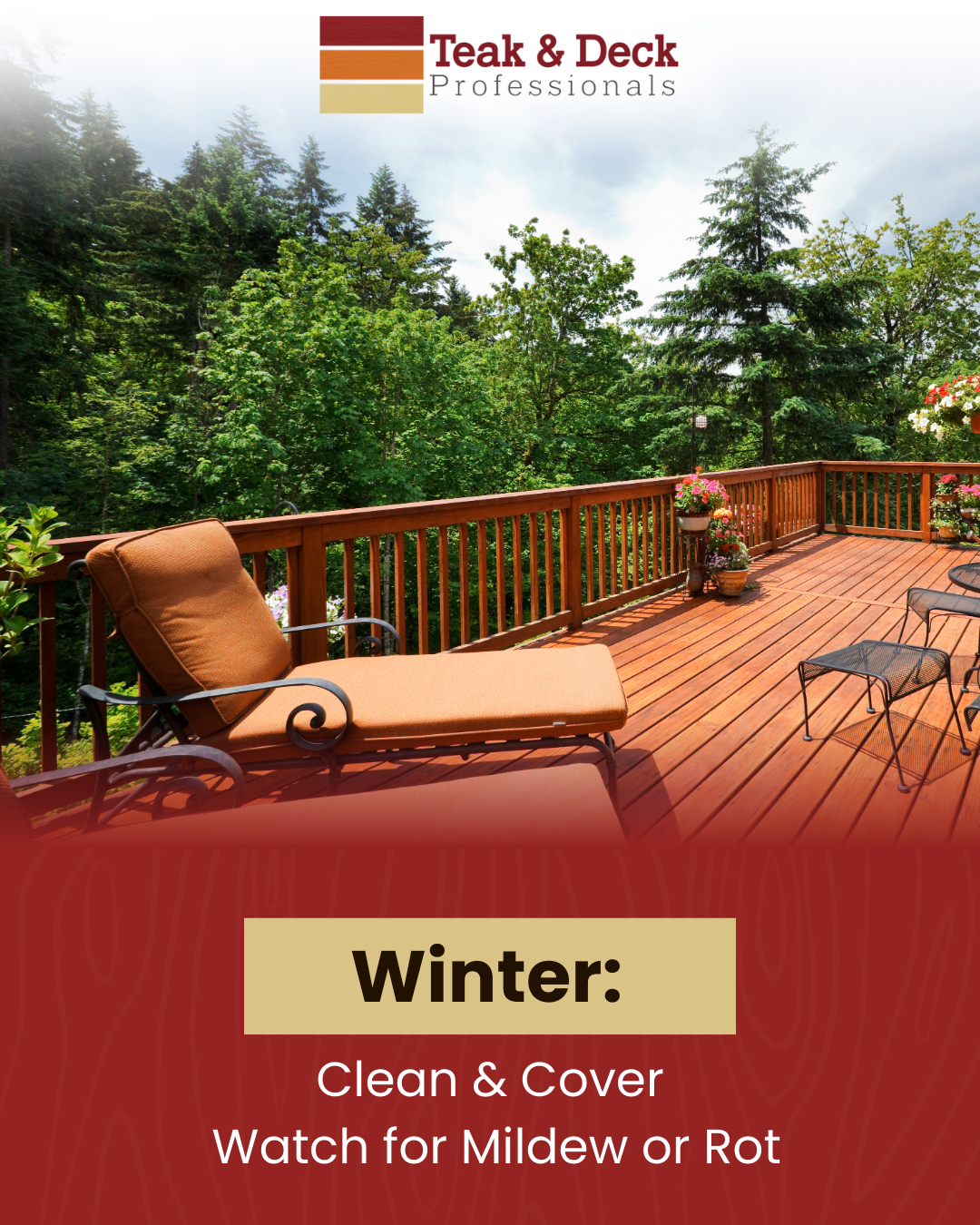 Outdoor deck surrounded by trees, highlighting winter care by cleaning and covering teak furniture to prepare for colder weather.