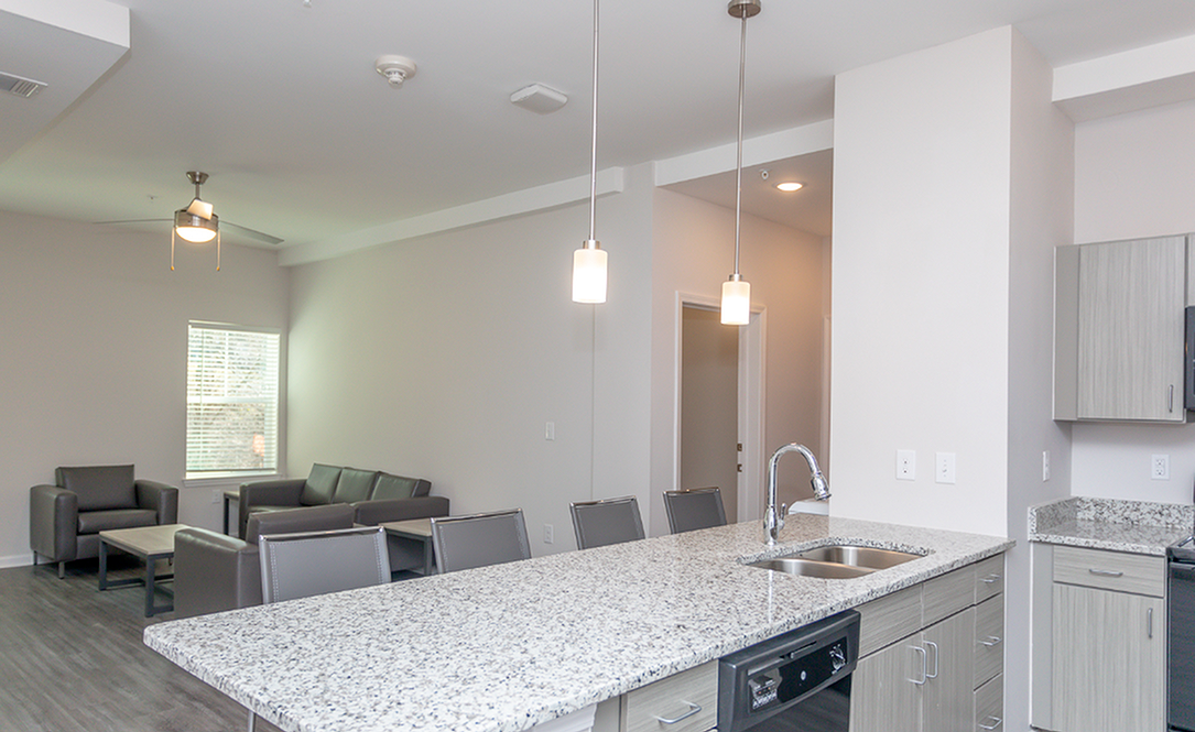 Spacious kitchen with open concept layout and granite countertops.