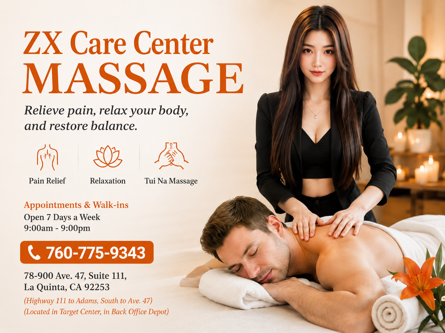 まっさ ZX Care Center Massage, 78-900 Ave. 47, Suite 111, La Quinta, CA