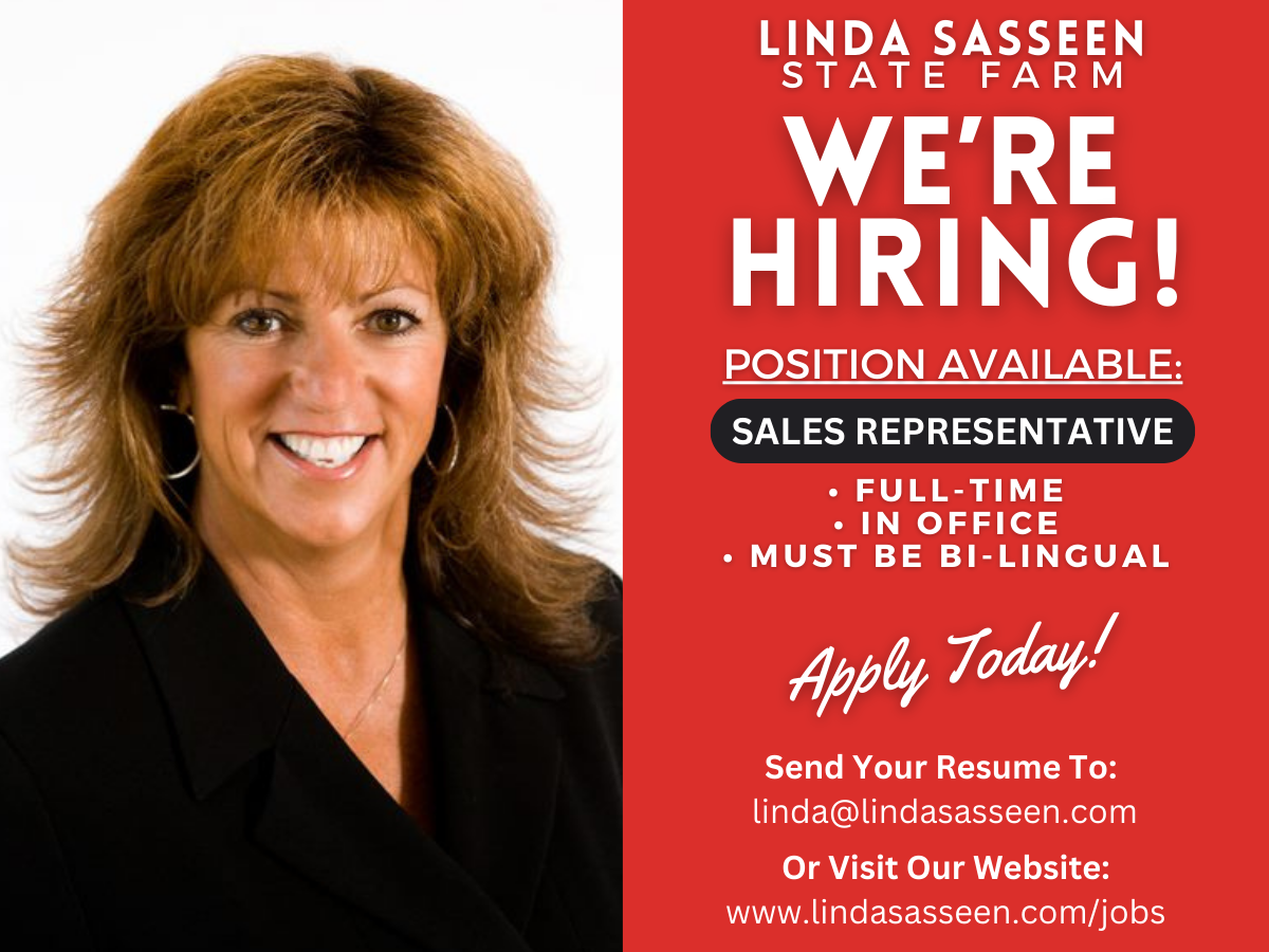 Join our team at Linda Sasseen State Farm and have a positive impact on the lives of individuals in our community!
We are currently hiring at our Wenatchee office for a Bilingual Spanish Sales Representative. This position is full-time and in the office.
Send your resume to linda@lindasasseen.com or visit our website for more information on how to pursue a fulfilling career with ample opportunities for advancement.