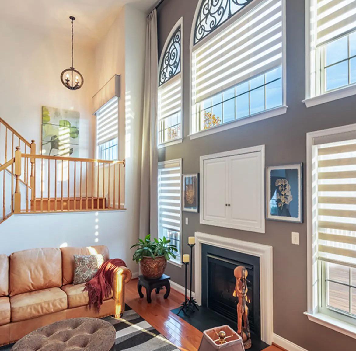 Dual Zebra Shades offer the look of having blinds with the softness of fabric while offering a little more privacy Its a beautiful option for living rooms with tall or elevated windows.