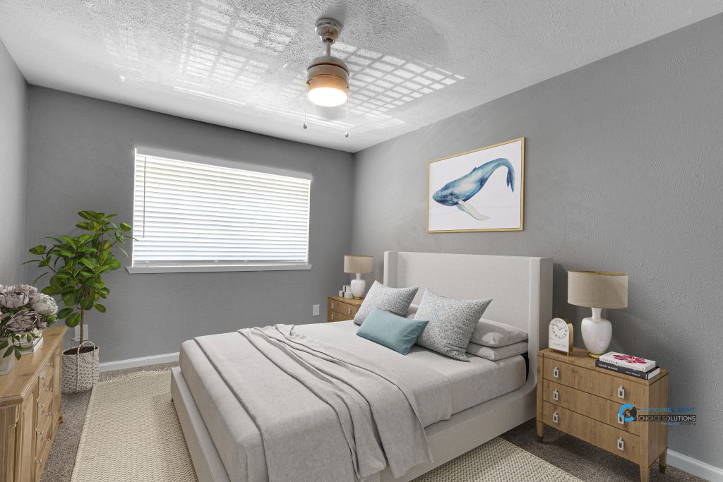 A bedroom with a bed, nightstand, and a painting of a fish on the wall.