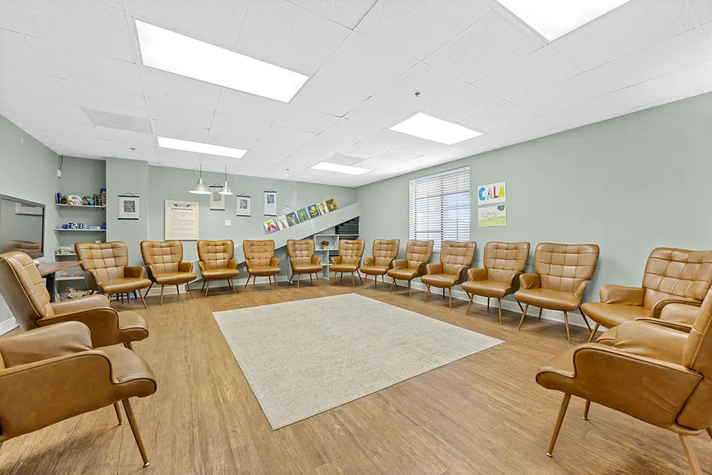 Dedicated group therapy rooms designed to foster connection, peer support, shared experiences, and collective growth in a safe and structured environment.