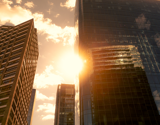 Skyscrapers in the setting sun.
