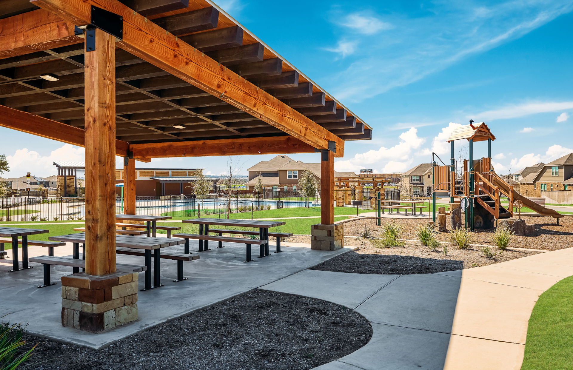 Community cabana next to other amenities at Davis Ranch new homes community in San Antonio, Texas