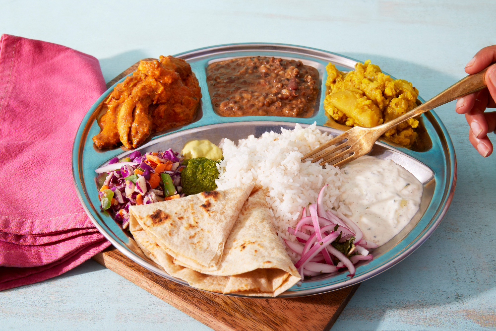 Authentic Indian Thali Platter with Chicken Tikka Masala & Gobi Aloo