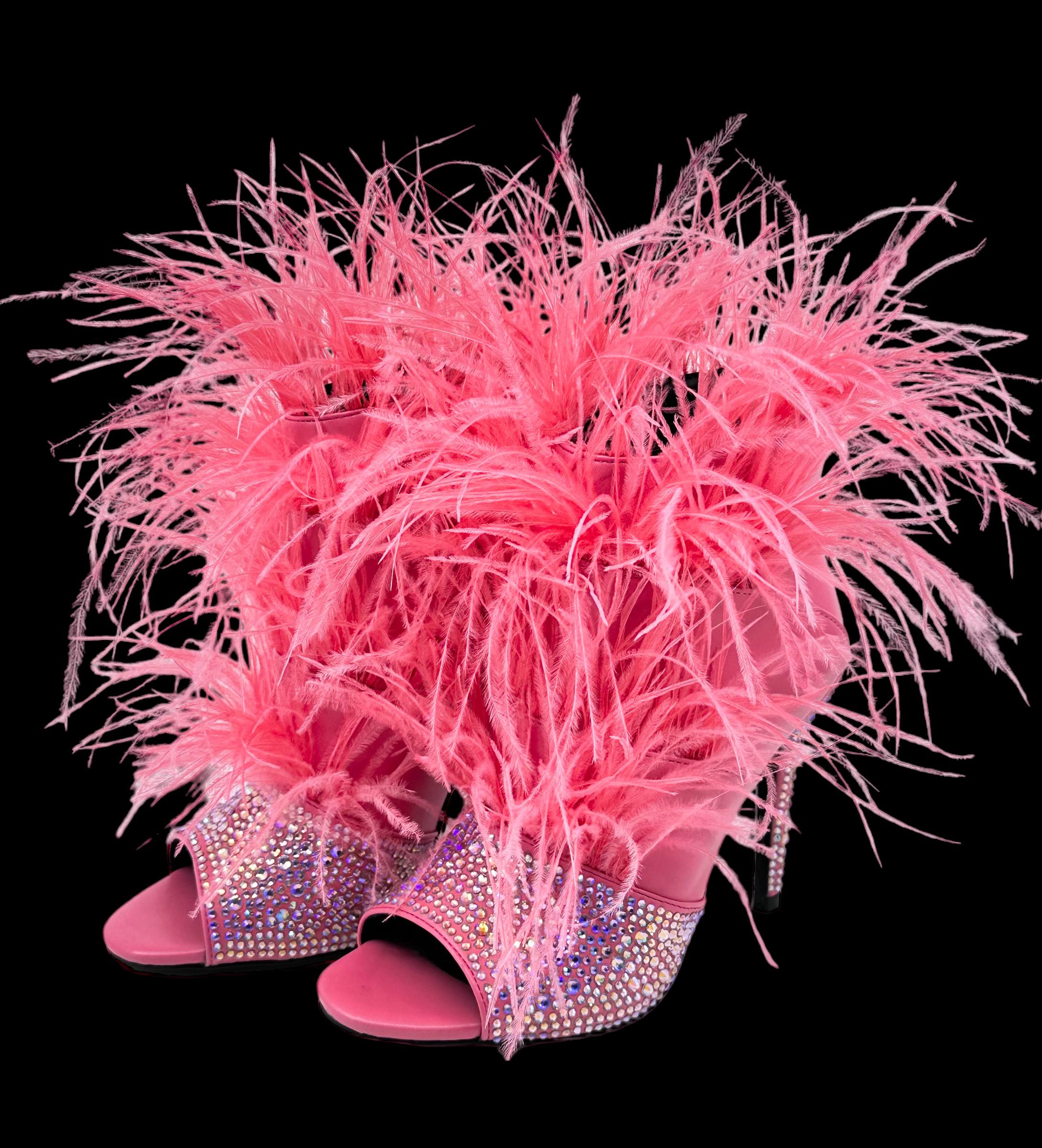 The Foxy Pink Coral Stiletto with Open Toe and Premium Feathers