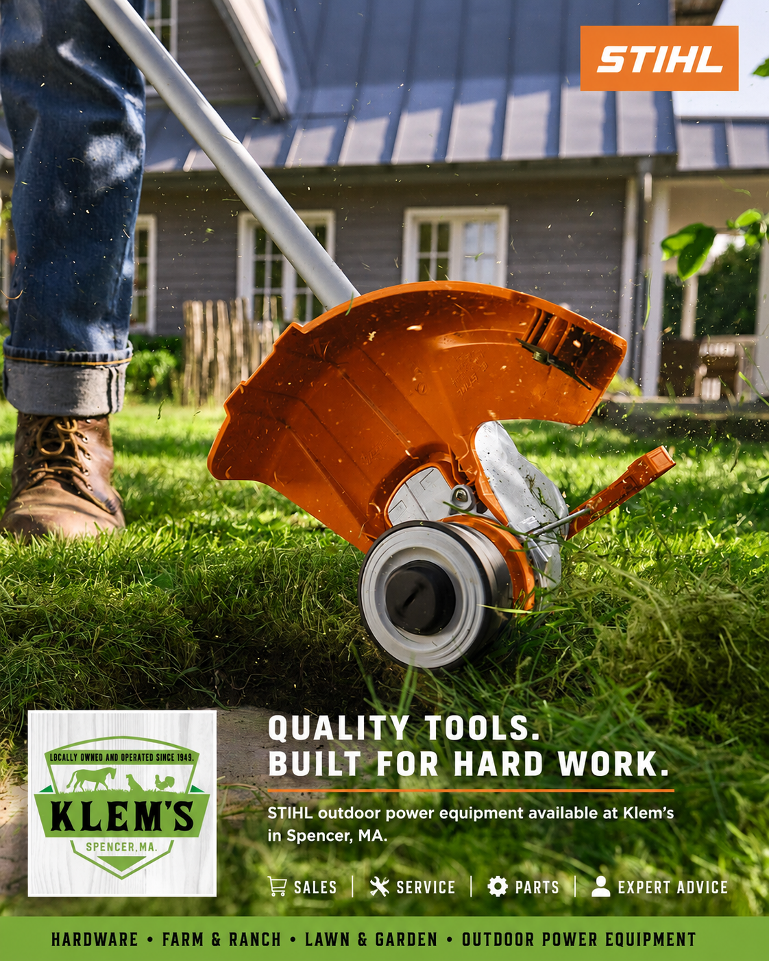 Professional STIHL string trimmers and outdoor power equipment available at Klem's in Spencer, MA. Find reliable lawn care tools designed for efficient trimming, edging, and landscape maintenance.