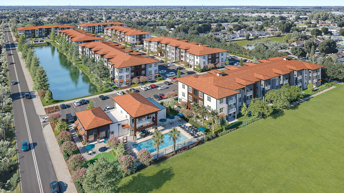 Aerial view of the apartments and pool