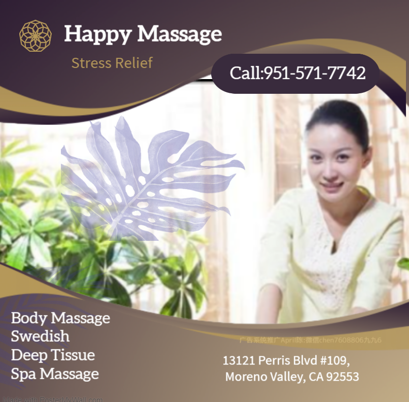 Happy Massage Spa is the place where you can have tranquility, absolute unwinding and restoration of your mind, 
soul, and body. We provide to YOU an amazing relaxation massage along with therapeutic sessions 
that realigns and mitigates your body with a light to medium touch utilizing smoother strokes.