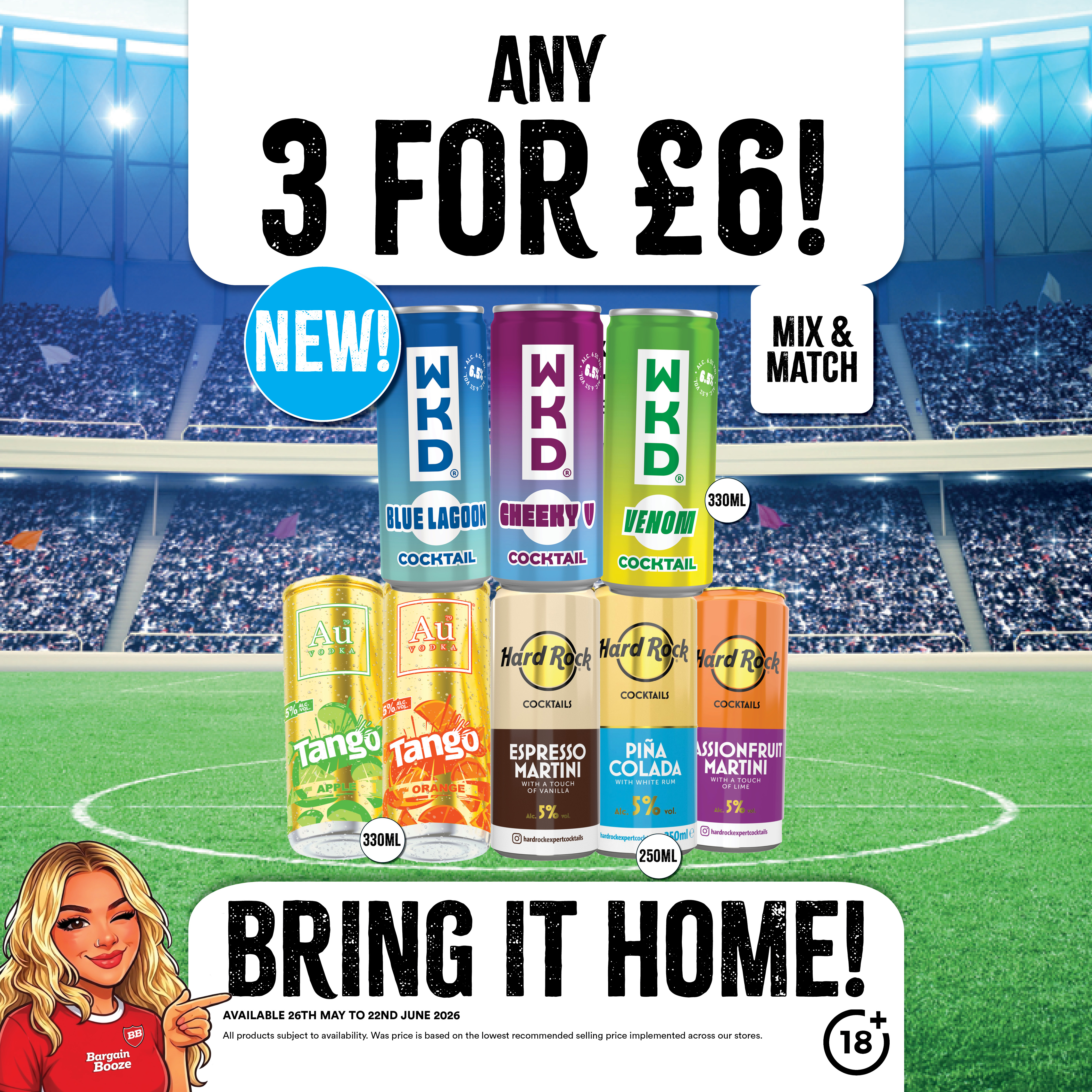 3 for &pound;6 on selected sold cold ready to drinks cans.