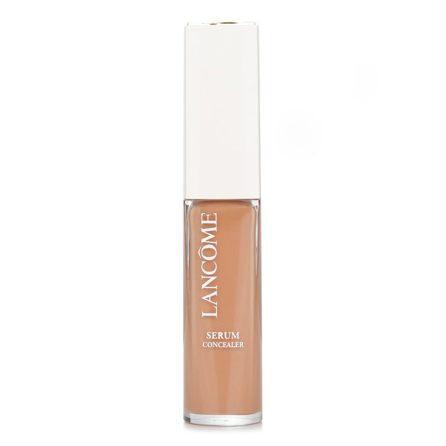 A product shot of a Lanc&ocirc;me serum concealer, showcasing its clear glass bottle with a white cap and the product's shade of light tan. The brand name and product type are printed vertically on the bottle in white text. The background is plain white, highlighting the product.