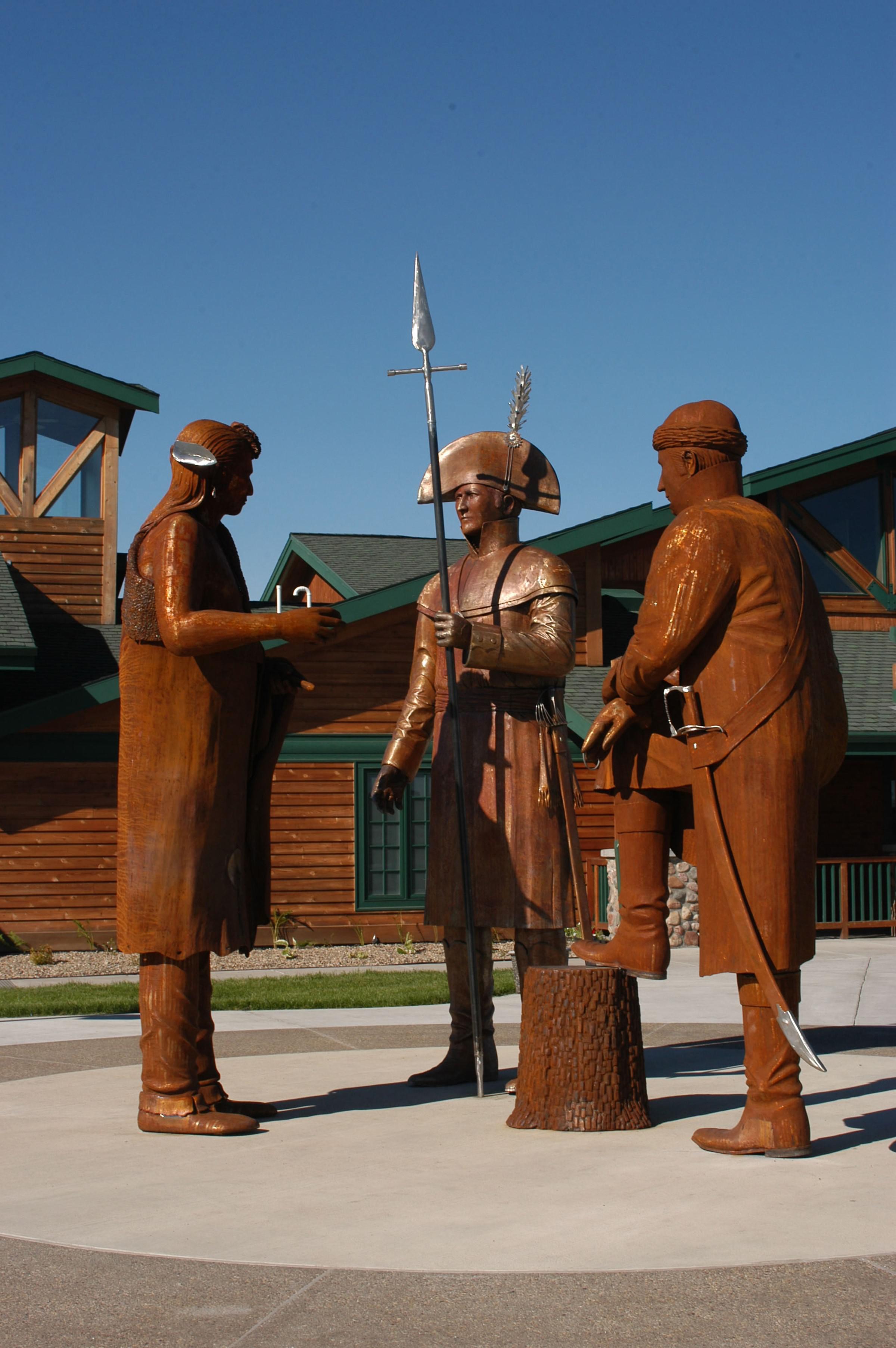 Larger than life statues at the Lewis and Clark Interpretive Center and Fort Mandan State Historic Site in Washburn, North Dakota.