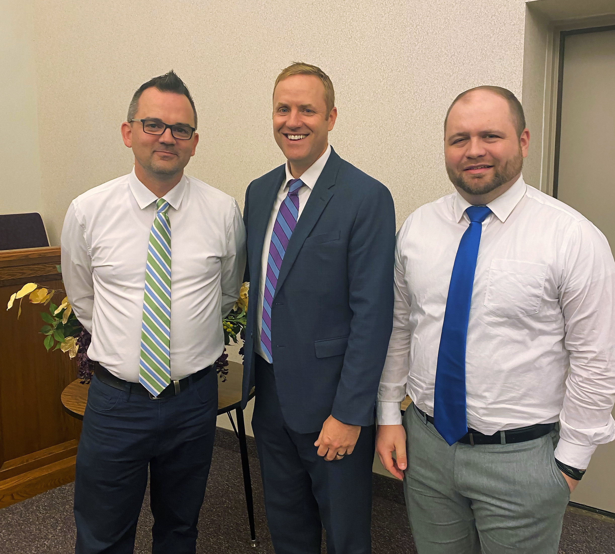 The Bishopric of the Kansas City First Ward of The Church of Jesus Christ of Latter-day Saints includes Bishop David Frandsen (center), First Counselor Jeff Kempton (green tie) and Second Counselor Tim Ellis (blue tie).